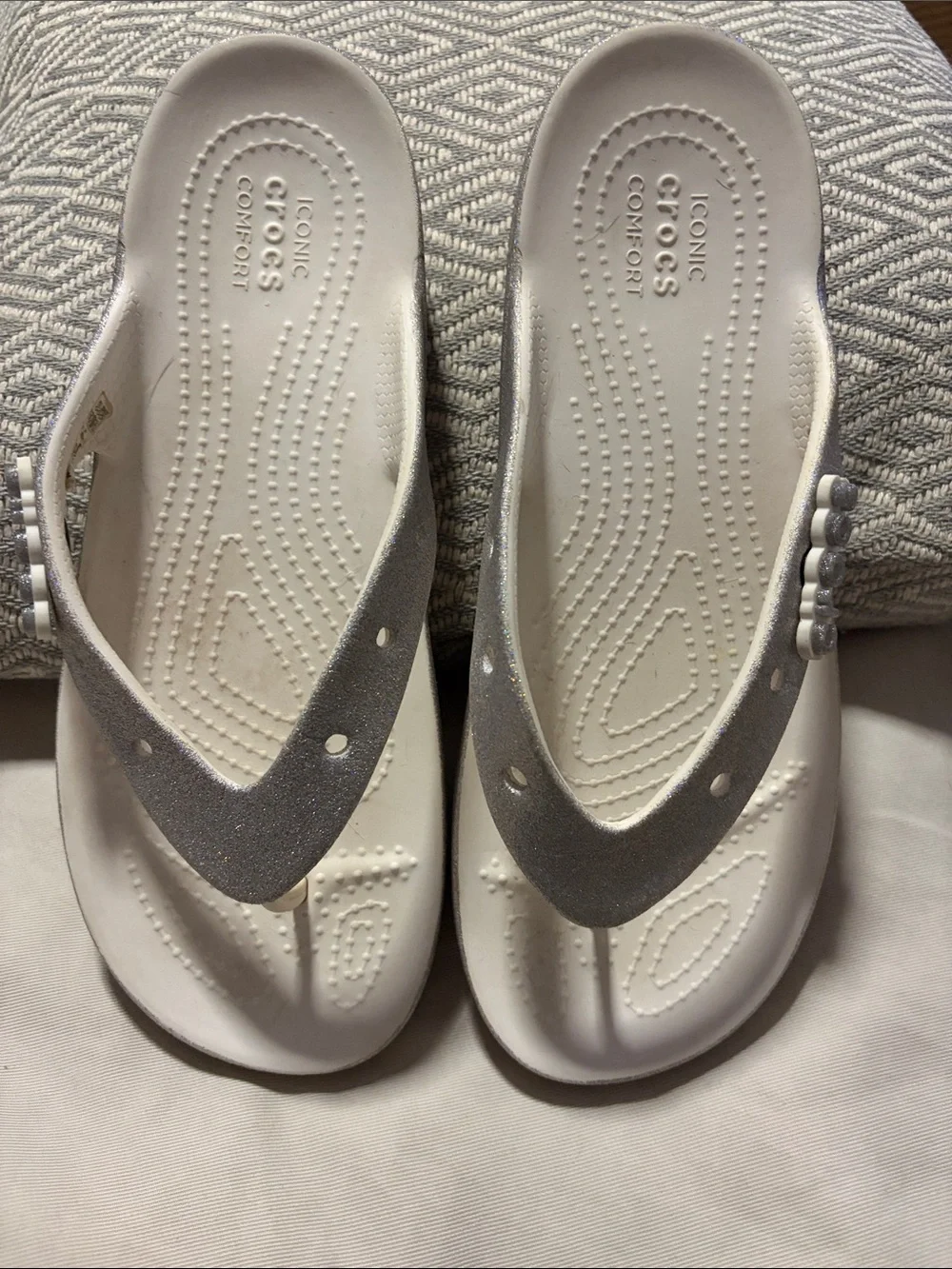 CROCS Women’s Glitter Platform Flip Flops - White/Silver